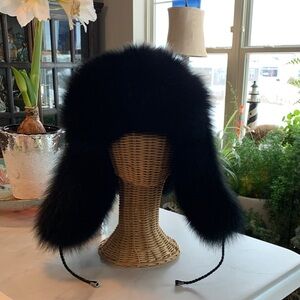 Saks Fifth Avenue Black Fox/Leather Trapper Hat Corded tie strings for ear flaps